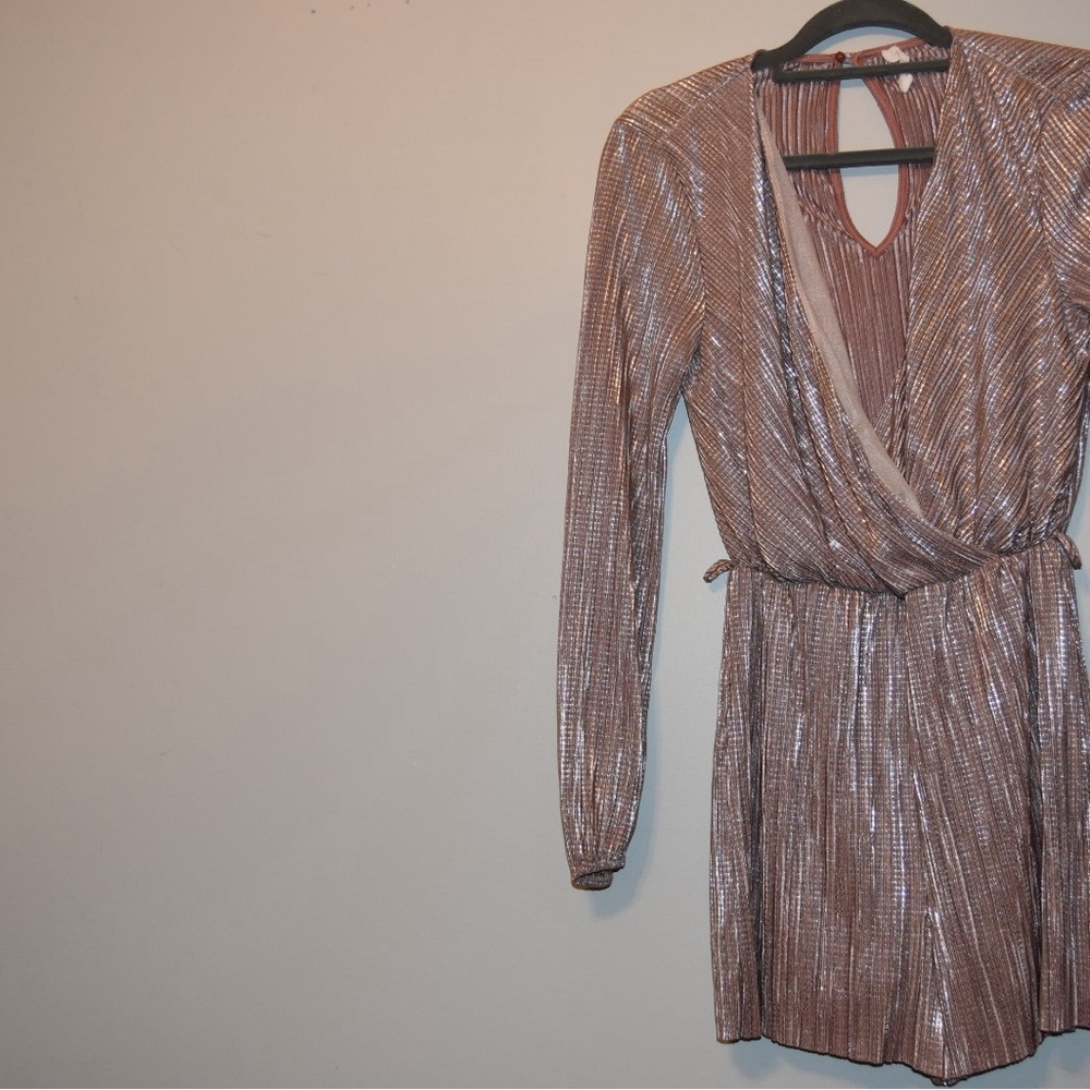 Lush Gold Pleated Wrap Long Sleeve Dress